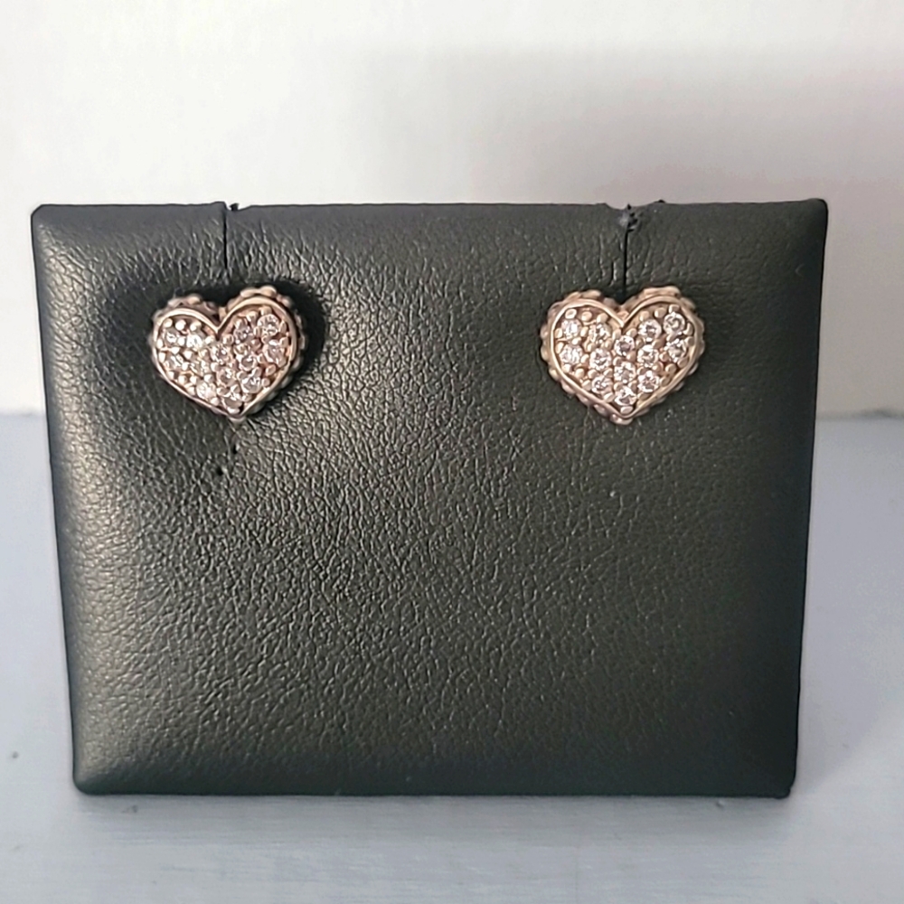 Vintage Lagos-Caviar Sterling Silver Diamond Heart Stud Earrings